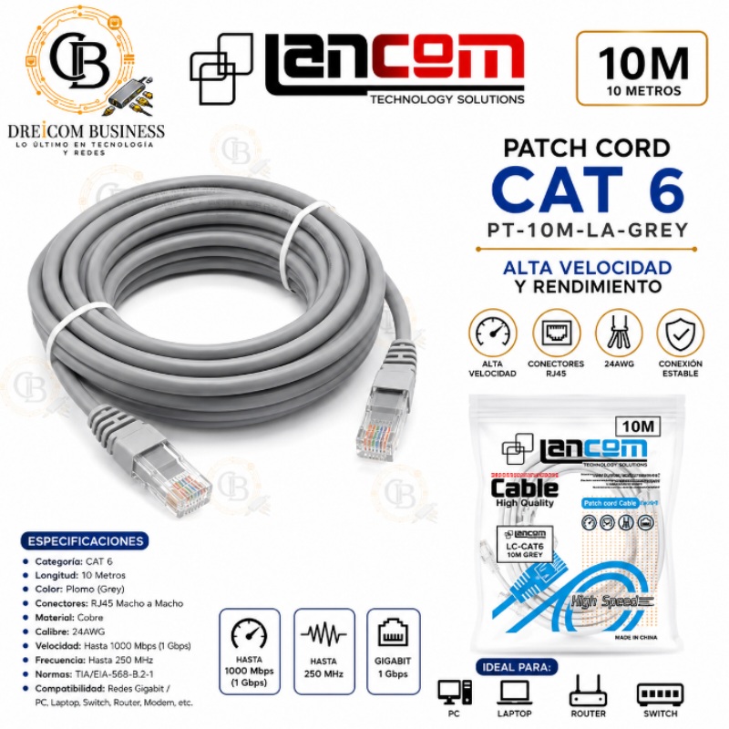 PATCH CORD CAT 6 10MTS PLOMO LANCOM PT-10M-LA-GREY