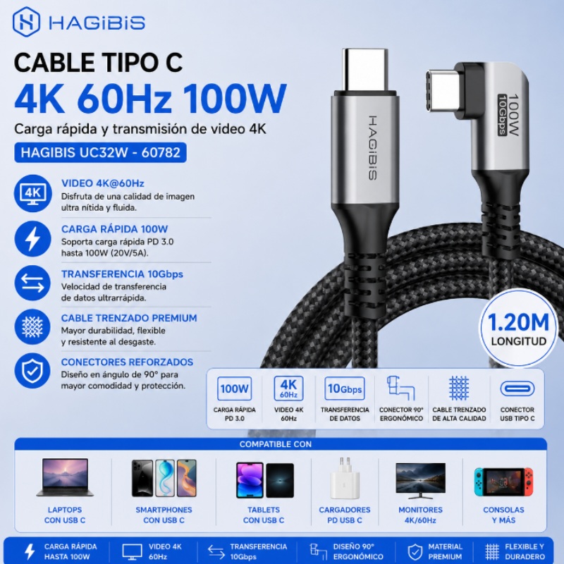 CABLE TIPO C 4K 60HZ 1.20M 100W HAGIBIS UC32W 60782