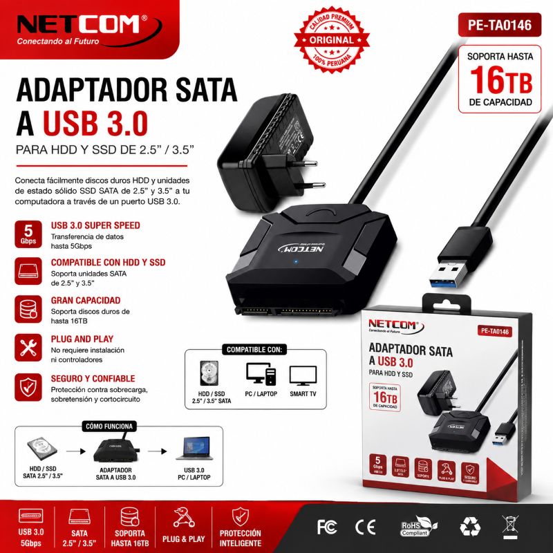 ADAPTADOR SATA A USB 3.0 PADA HDD Y SSD - SOPORTA 16TB NETCOM PE-TA0130