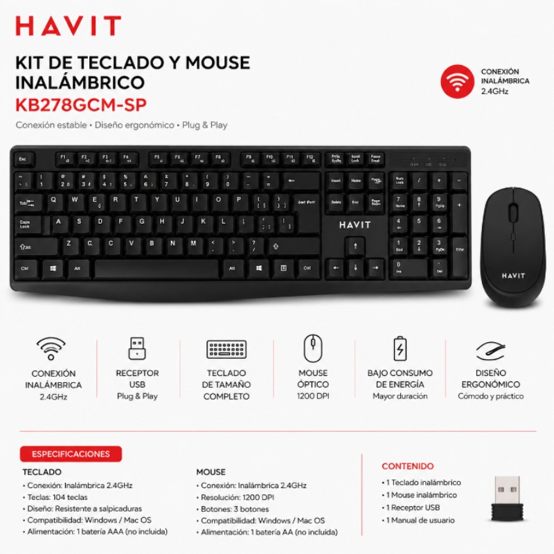 KIT DE TECLADO Y MOUSE INHALAMBRICO HAVIT KB278GCM-SP