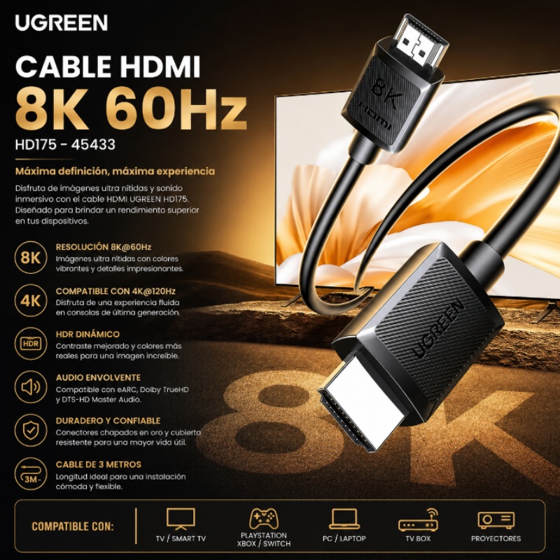 CABLE HDMI 3M 8K 60HZ UGREEN HD175 - 45433