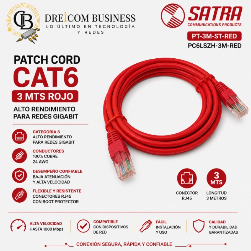 PATCH CORD SATRA CAT 6 3 MTS ROJO PT-3M-ST-RED PC6LSZH-3M-RED