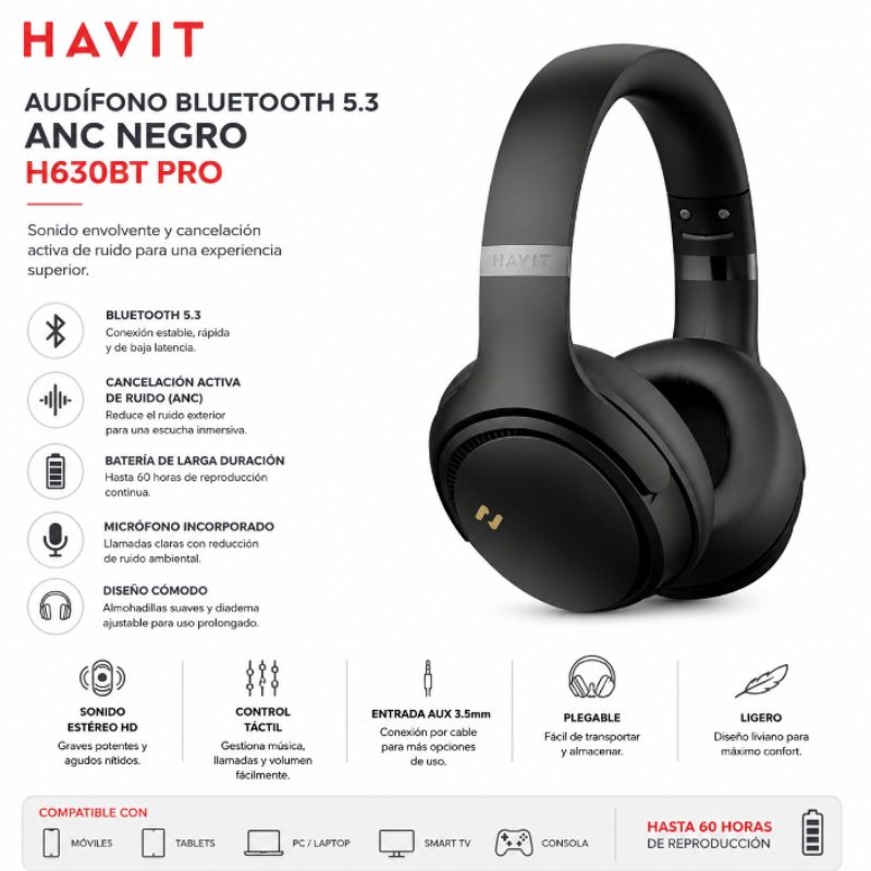 AUDIFONO BLUETOOTH 5.3 HAVIT ANC NEGRO H630BT PRO