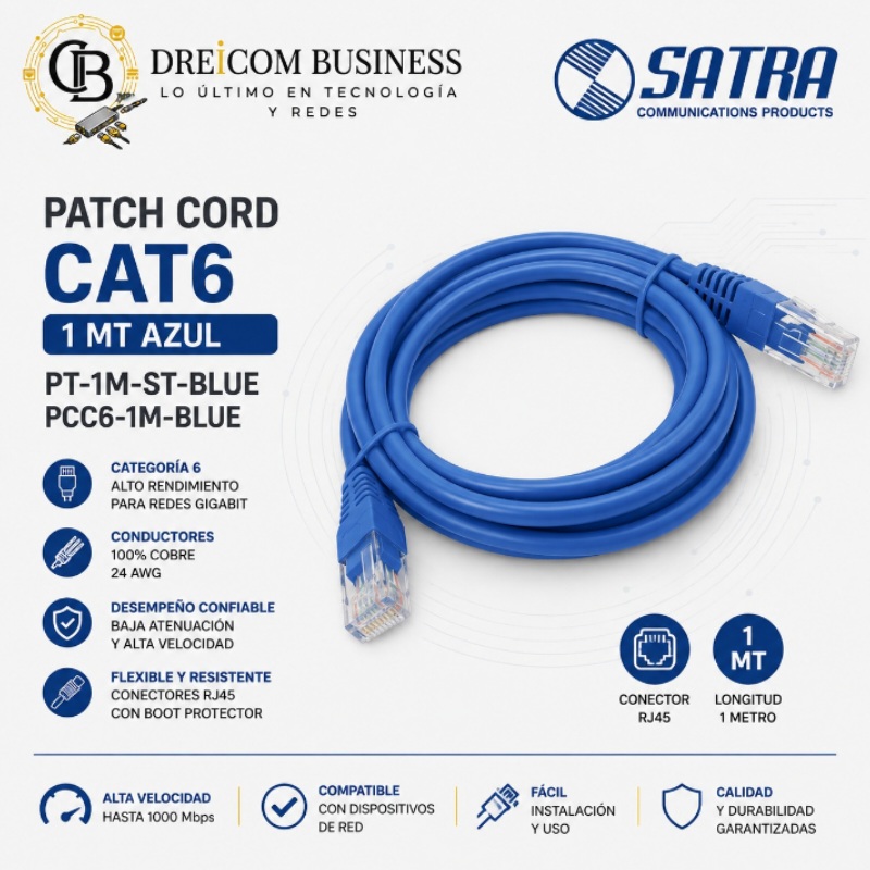PATCH CORD SATRA CAT6 1 MT AZUL PT-1M-ST-BLUE PCC6-1M-BLUE