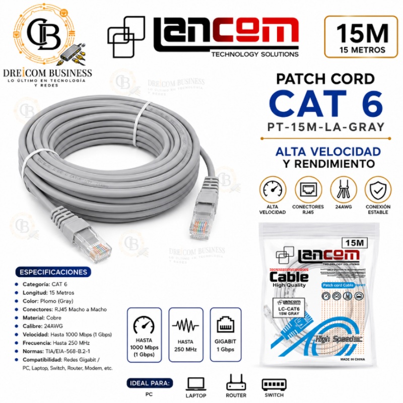 PATCH CORD 15MTS CAT 6 PLOMO LANCOM PT-15M-LA-GRAY