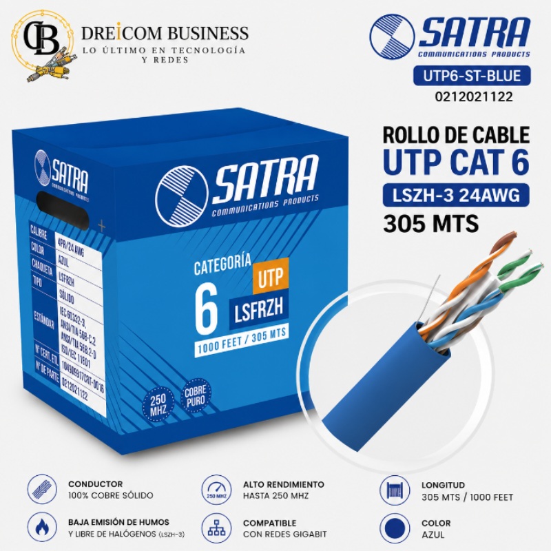 ROLLO DE CABLE UTP CAT 6 SATRA LSZH-3 24AWG AZUL 305 MTS 0212021122 UTP6-ST-BLUE