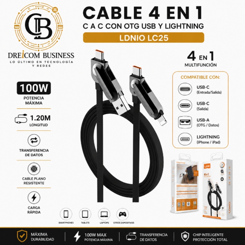 CABLE 4 EN 1 C A C CON OTG USB Y LIGHTNING 1.20M 100W LDNIO LC25