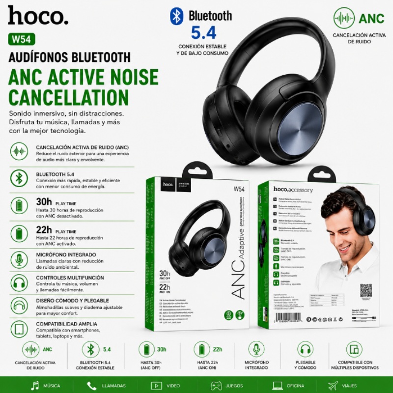 AUDIFONO BLUETOOTH 5.4 ANC ACTIVE NOISE CANCELLATION HOCO W54