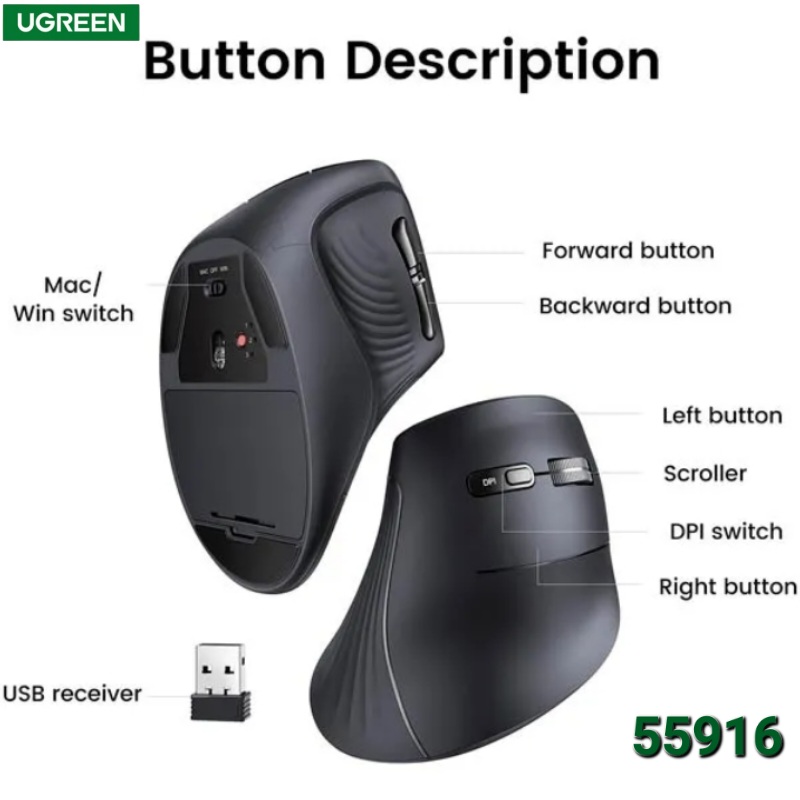MOUSE INALAMBRICO ERGONOMICO VERTICAL 4000DPI UGREEN