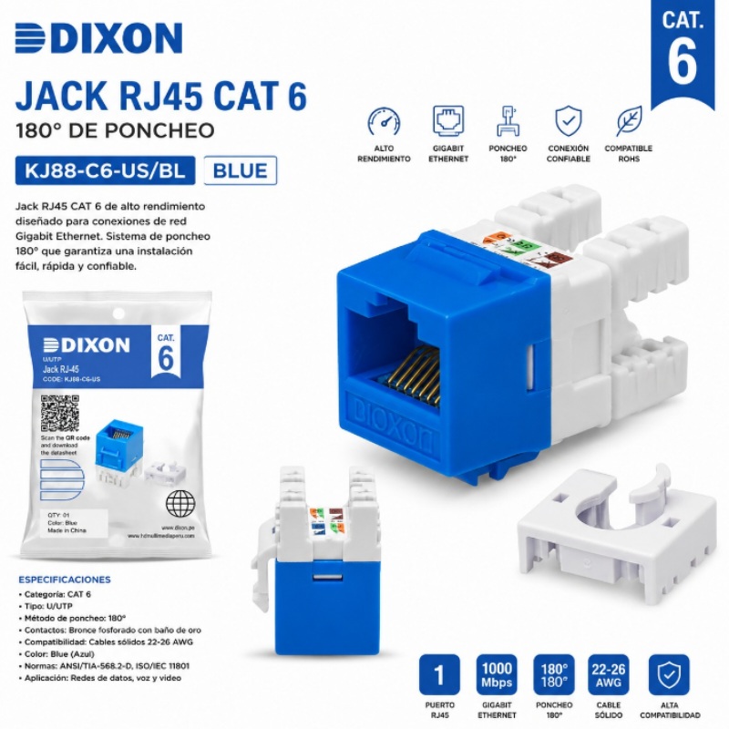 JACK RJ45 CAT 6 BLUE 180 DE PONCHEO DIXON KJ88-C6-US/BL