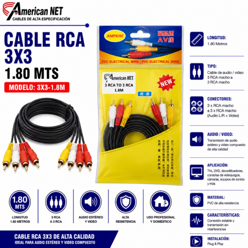 CABLE RCA 3X3 1.80 M 3X3-1.8M