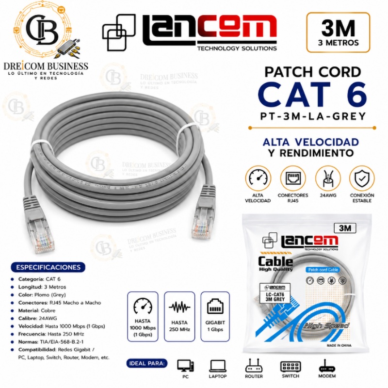 PATCH CORD CAT 6 3 MTS PLOMO LANCOM PT-3M-LA-GRAY