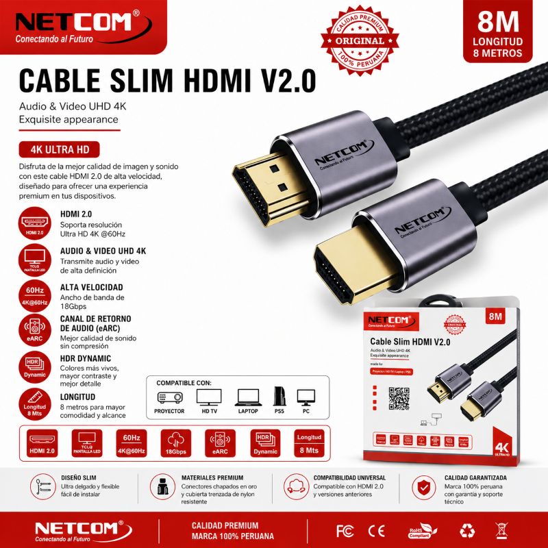 CABLE HDMI 2.0 4K 8 MTS SLIM NETCOM PE-HD0885 HD-8M-NET-SL