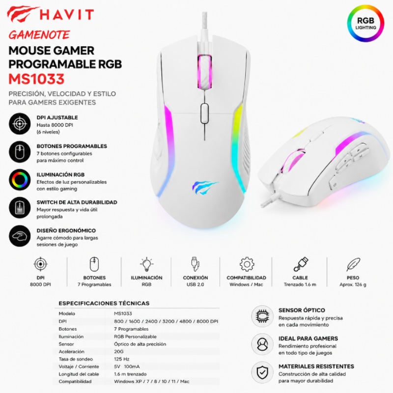 MOUSE GAMER PROGRAMABLE RGB WHITE 8000DPI HAVIT GAMENOTE MS1033