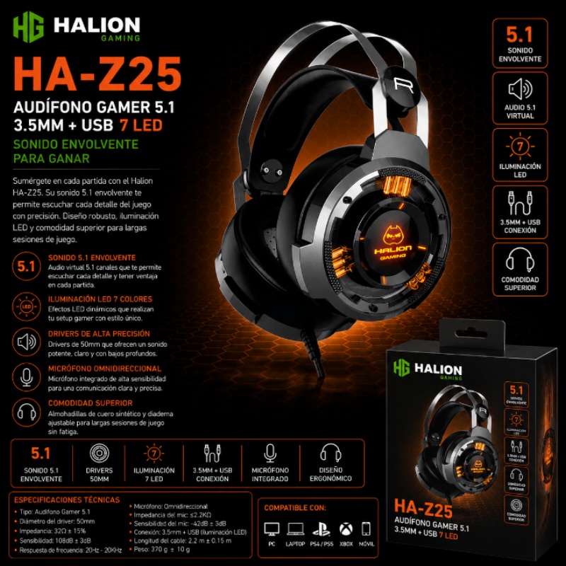 AUDIFONO GAMER 5.1 3.5MM + USB 7 LED HALION HA-Z25