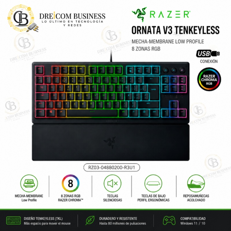 TECLADO RAZER ORNATA V3 TKL MECHA-MEMBRANE LOW PROFILE 8 ZONAS BLACK RGB RZ03-04880200-R3U1