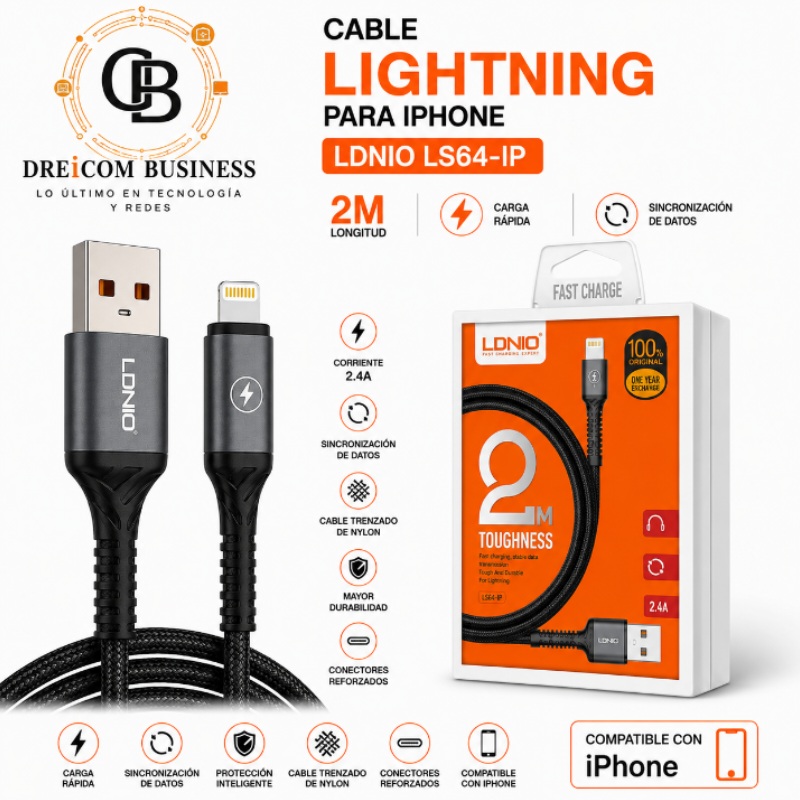 CABLE LIGHTNING PARA IPHONE 2M LDNIO LS64-IP