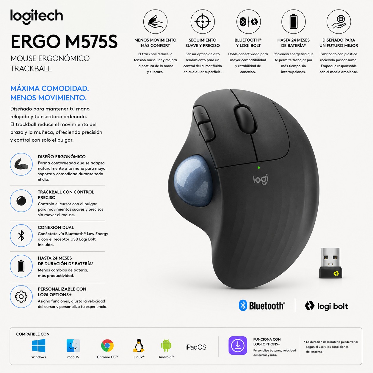 MOUSE ERGONOMICO TRACKBALL BLACK LOGITECH ERGO M575S