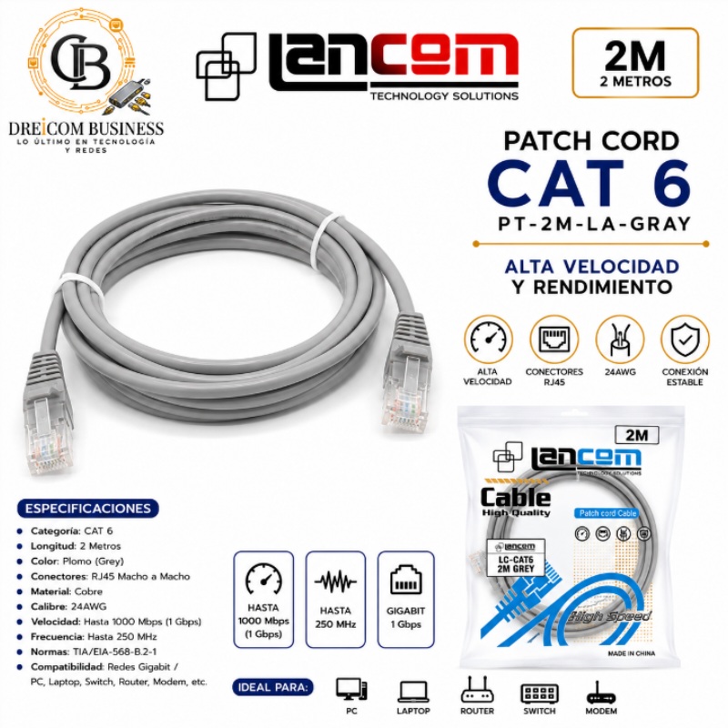 PATCH CORD LANCOM 2 MT PLOMO PT-2M-LA-GRAY