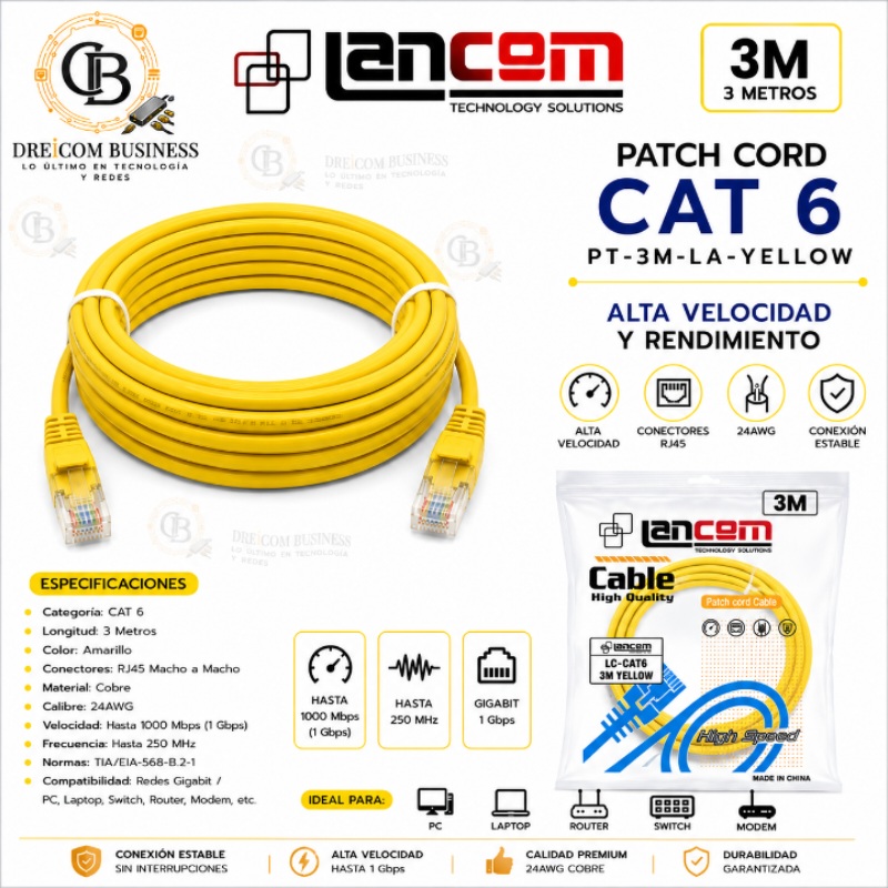 PATCH CORD CAT6 2MT AMARILLO PT-2M-LA-YE