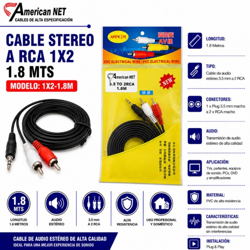 CABLE STEREO A RCA 1X2 1.8 MTS AMERICANT 1X2-1.8M