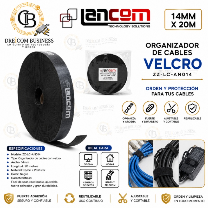 ORGANIZADOR DE CABLES VELCRO 14MM X 20M LANCOM ZZ-LC-AN014